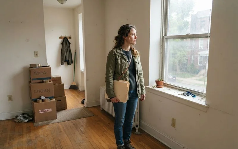 A person reviewing apartment listings on a laptop at a kitchen table during a life transition