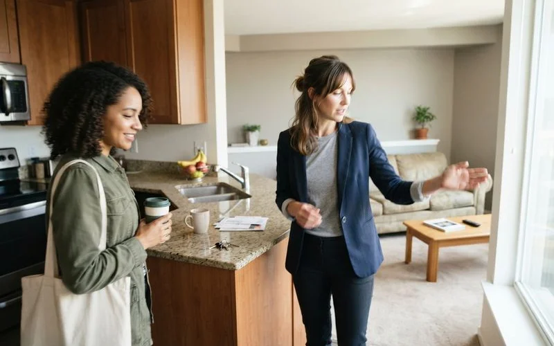 A leasing agent showing a prospective renter around a furnished model apartment unit