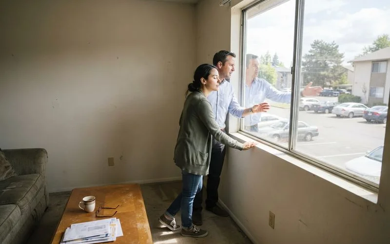 A person standing in an empty apartment unit listening near a shared wall during a tour