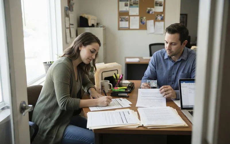 A prospective renter filling out an apartment application form with a laptop and documents nearby