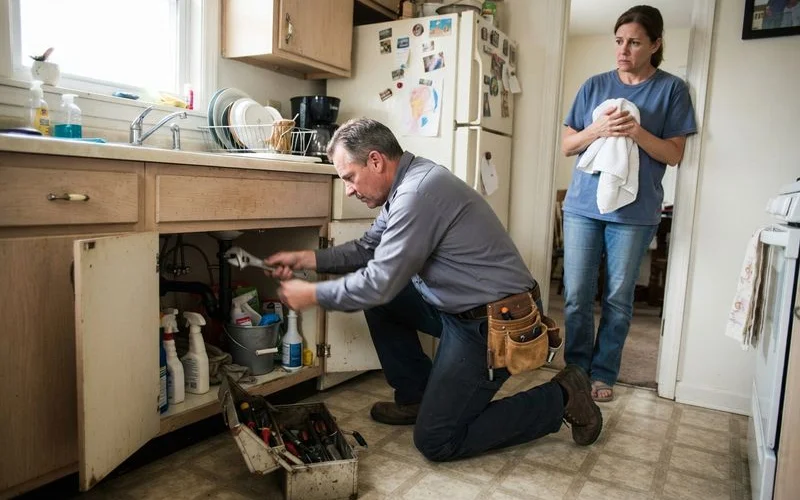 A maintenance technician responding to an apartment repair call with a toolbox