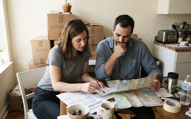 Moving boxes and a laptop with an apartment search open, set up in a new city