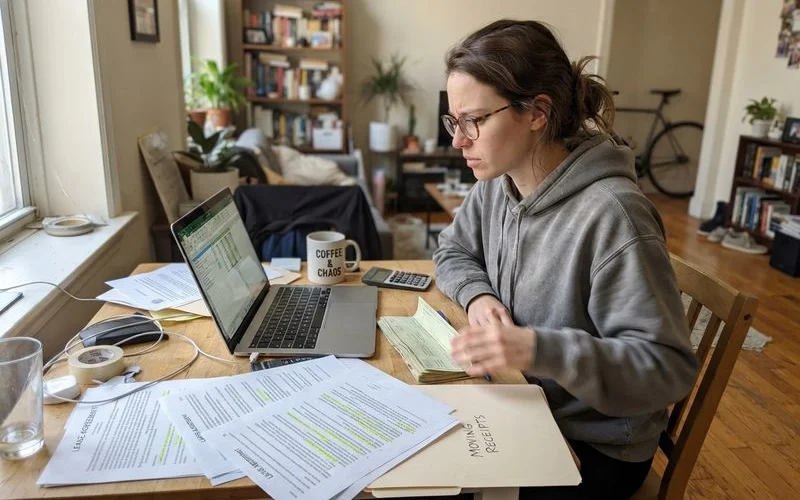 A renter organizing paperwork and a checklist for move-in day next to moving boxes