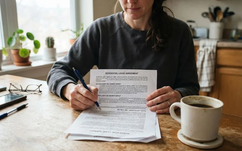 A renter reading through a lease agreement with a highlighter, sitting at a kitchen table