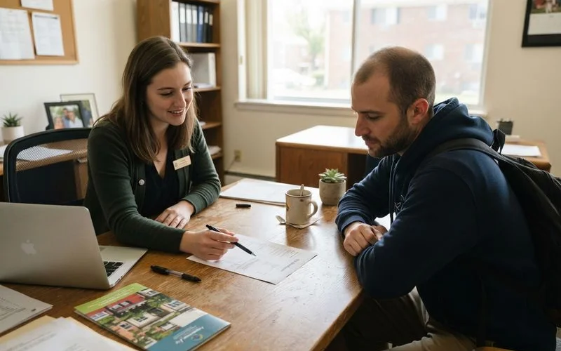 A renter reviewing a lease and fee breakdown sheet at a leasing office desk