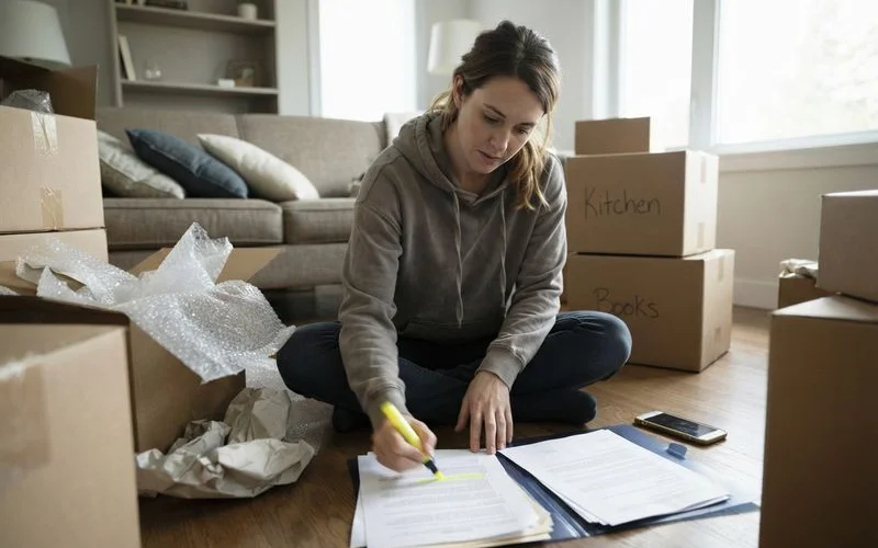 A person packing boxes in an apartment while reviewing a lease document on a table