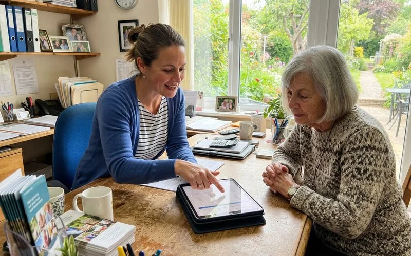 An elderly couple reviewing paperwork with a senior living community manager in a bright, welcoming common area