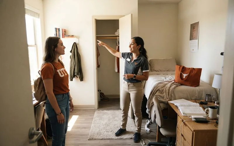 Students walking through a student housing community near campus during a tour with a leasing agent
