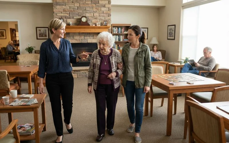 An adult child and a parent touring a senior living community common area with a staff member